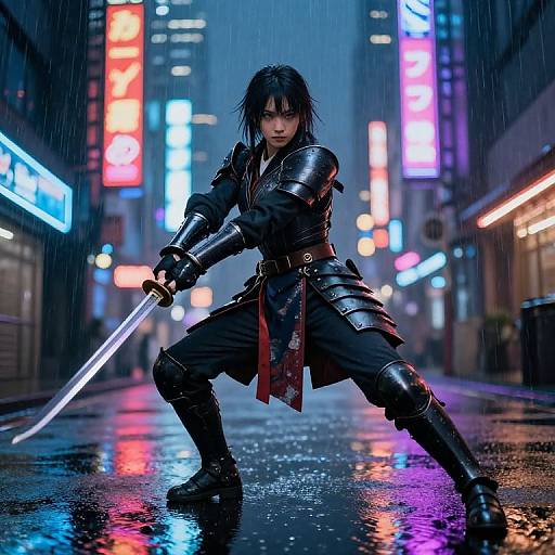 Digital artwork of a fierce, armored samurai with black hair, holding a glowing sword, standing in a neon-lit, rainy city street at night