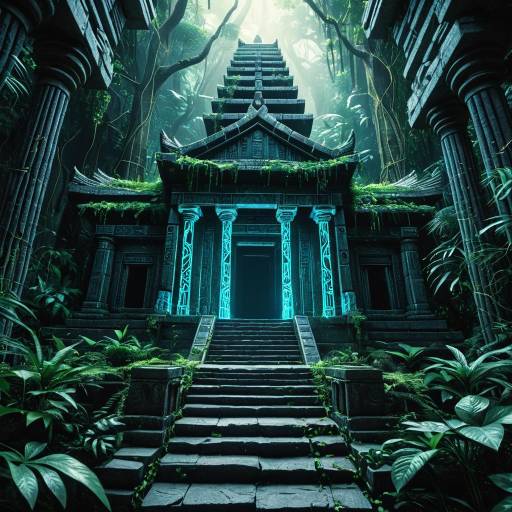 Holographic Ancient Temple with Glowing Staircase