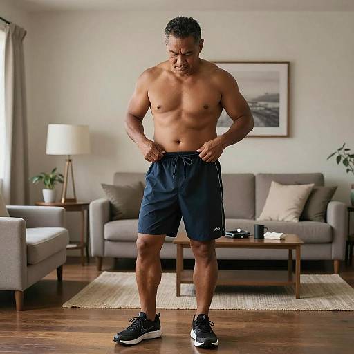 Photograph of a muscular, shirtless Black man with short curly hair, standing in a modern living room, adjusting black athletic shorts and Nike sneakers,