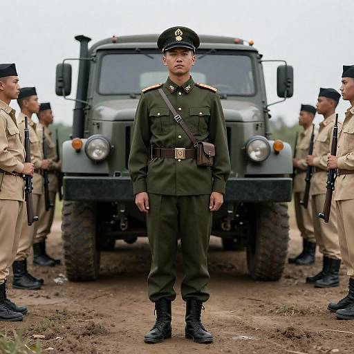 Male Officer with Troops and Military Truck