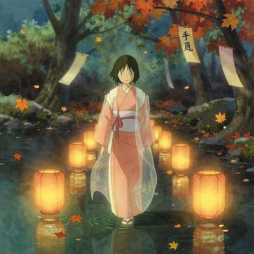 Mysterious Woman in Kimono with Lanterns at Autumn Pond