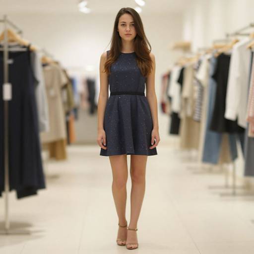 Photograph of a young woman with long brown hair, wearing a sleeveless dark blue dress and beige sandals, standing in a brightly lit clothing store with