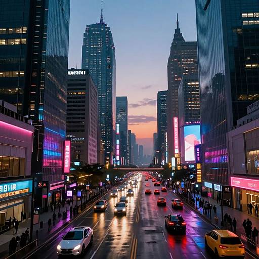 Photograph of a vibrant, neon-lit city street at dusk, with tall skyscrapers, colorful billboards, busy traffic, and a glowing