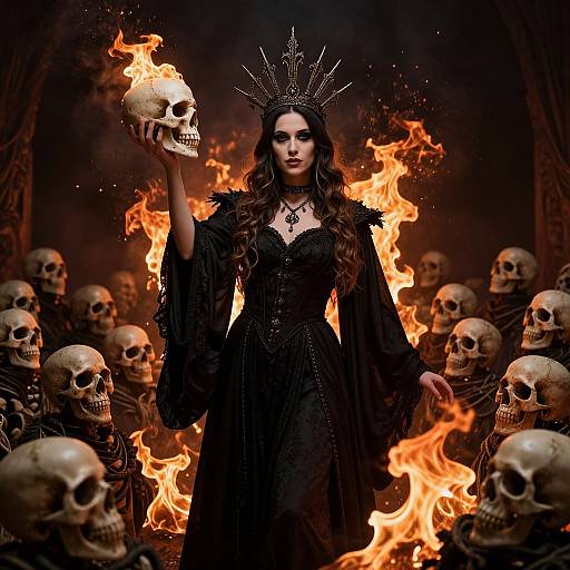Digital artwork of a dark-haired woman in a black, ornate dress holding a skull, surrounded by flaming skulls and fire.
