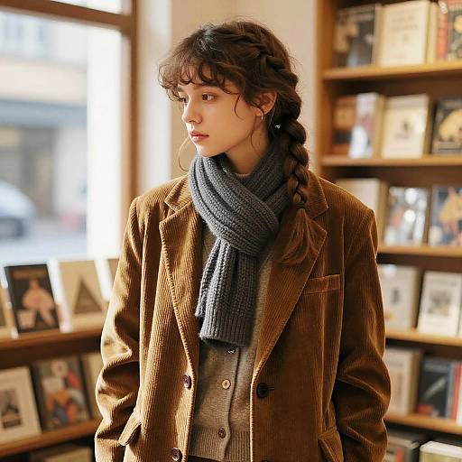 Young Woman with Five-Strand Braid in Bookshop