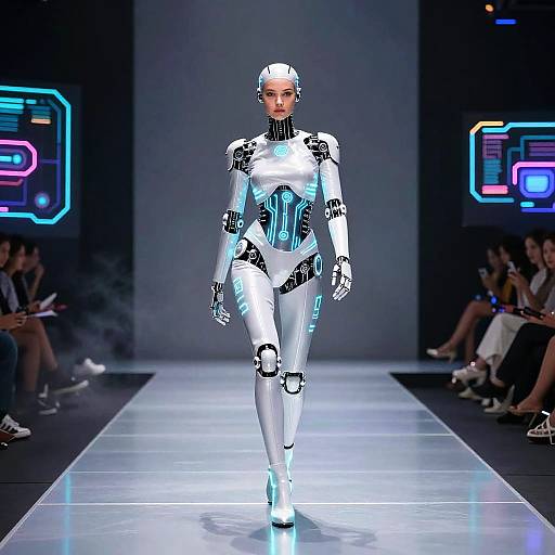 Futuristic Robotic Dancer on Cyberpunk Runway