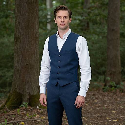 Photograph of a Caucasian man with short brown hair, wearing a white shirt and navy blue vest, standing in a forest.