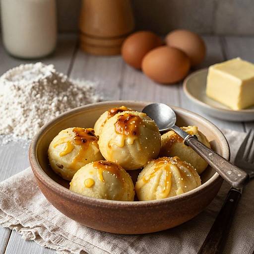 Photograph of golden-brown dumplings with sesame seeds in a rustic bowl, spoon on side, surrounded by eggs, butter block, and flour on