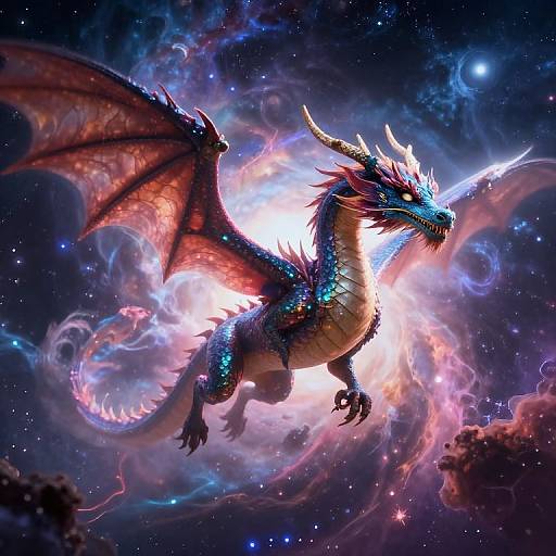 Digital artwork of a glowing, blue-scaled dragon with red wings and horns, surrounded by cosmic nebulae, floating in a starry space.