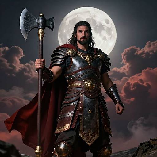 Photorealistic digital art of a muscular bearded warrior with long dark hair, wearing shiny bronze armor, holding an axe, standing under a full moon