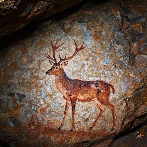 Ancient cave painting of a deer with prominent antlers, rendered in earthy browns and blacks on a textured, weathered rock surface.