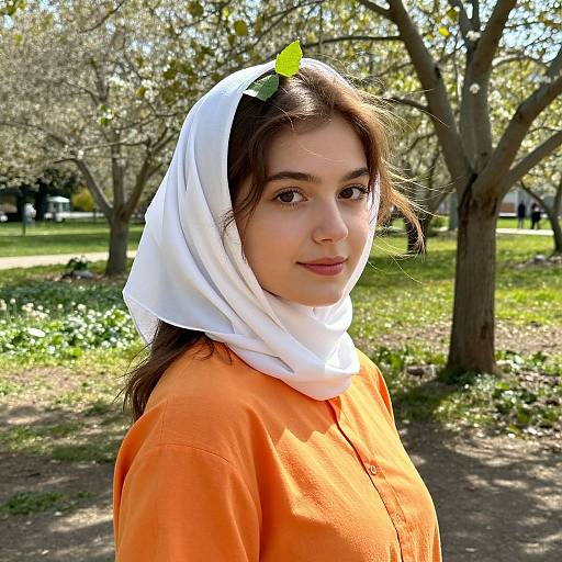 Photograph of a young woman with fair skin, brown eyes, and dark brown hair, wearing a white headscarf and orange shirt, standing in