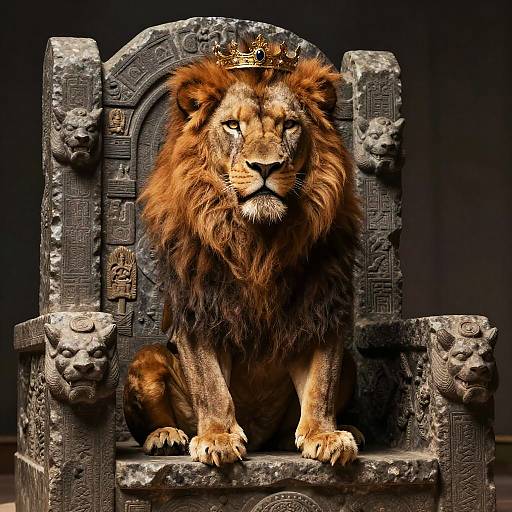 Regal Lion on Ancient Stone Throne