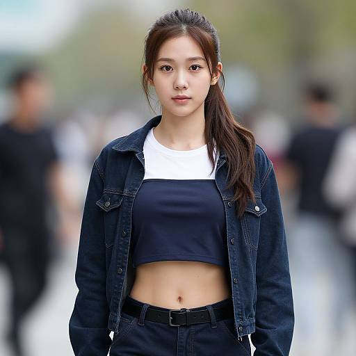 Photograph of an East Asian woman with long brown hair in a ponytail, wearing a black crop top, white undershirt, and denim jacket