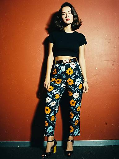 Woman in Floral High-Waisted Trousers and Black Crop Top