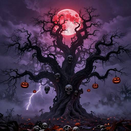 Digital artwork of a spooky, twisted tree with hanging jack-o'-lanterns, skulls, and a glowing red full moon, lightning illuminating dark