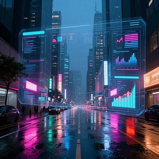 Neon-lit, futuristic city street at night with reflective wet pavement, digital overlays of charts and graphs, vibrant blue, pink, and green lights