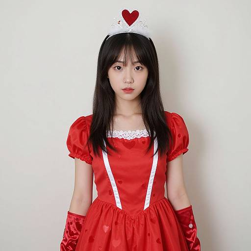Asian woman in red satin maid dress with white lace trim, white headpiece with heart, red gloves, standing against white background. Photographic image.