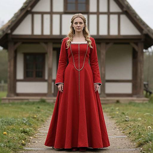 Photograph of a young woman with long blonde hair, wearing a red medieval-style dress and pearl necklace, standing in front of a white and brown Tud