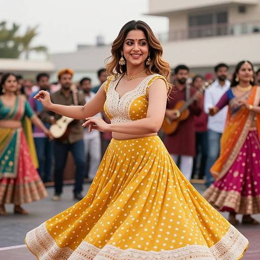 Photograph of a smiling South Asian woman dancing in a yellow polka-dot traditional dress, surrounded by cheering onlookers in colorful attire.