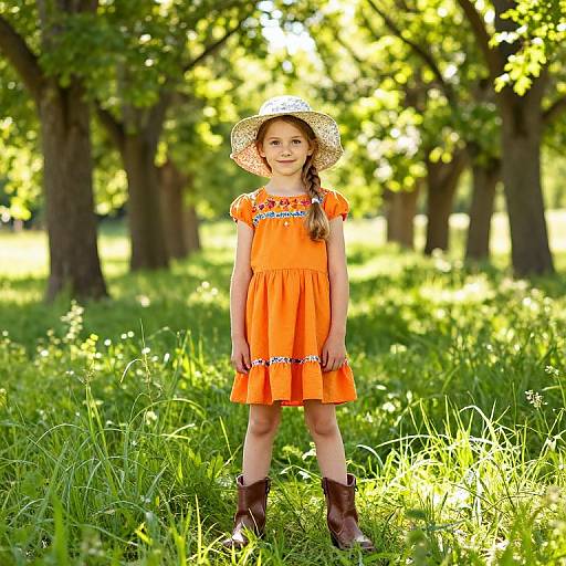 Photograph of a young girl with light brown hair in a braid, wearing an orange dress, straw hat, and brown boots, standing in a