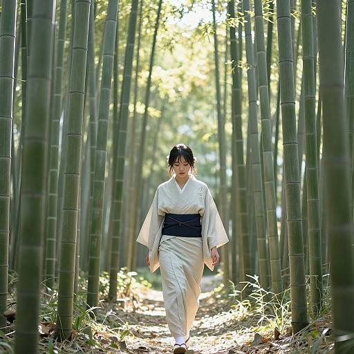 Photograph of a young Japanese woman in a white kimono with black obi, walking through a sunlit bamboo forest path.