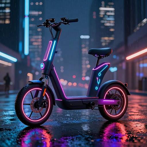 Neon-lit, futuristic electric scooter on a rain-soaked city street at night, with vibrant blue, pink, and red lights reflecting on wet