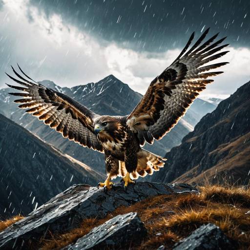 Epic Hawk Charging Through Stormy Mountains