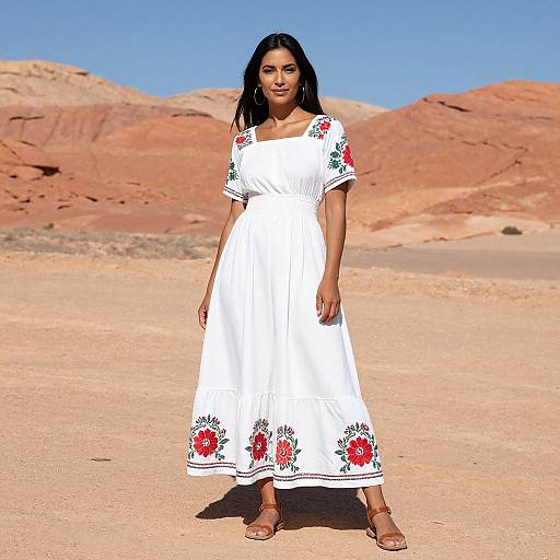 Photograph of a young South Asian woman with long black hair, wearing a white dress with red floral embroidery, standing in a sunny desert with red rock