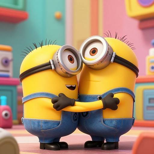 Two Minions in yellow bodies and blue overalls, wearing goggles, hugging with black-gloved hands in a colorful, cartoon-style kitchen.