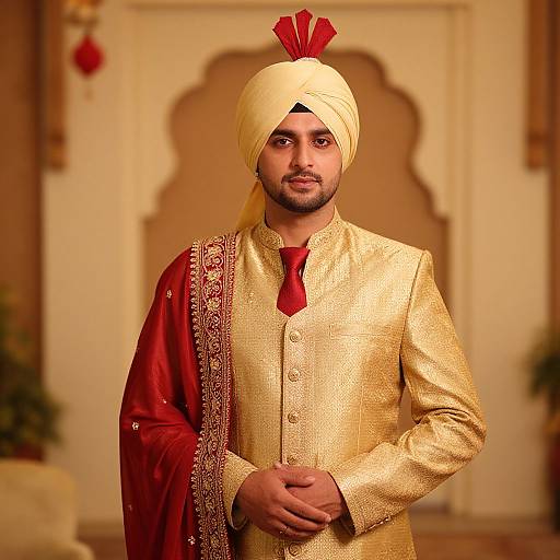 Photograph of a South Asian man in a gold sherwani, red dupatta, and cream turban with red peacock feather, standing in