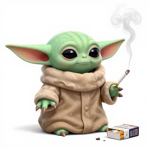 Digital illustration of a cute, green, cartoonish goblin with large black eyes, wearing a beige winter coat, smoking a cigarette, and standing next