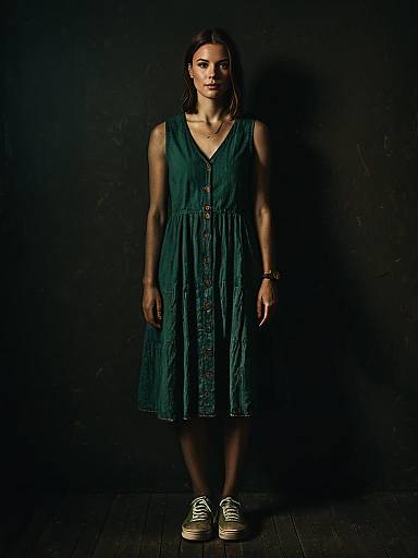 Woman in Casual Denim Skater Dress