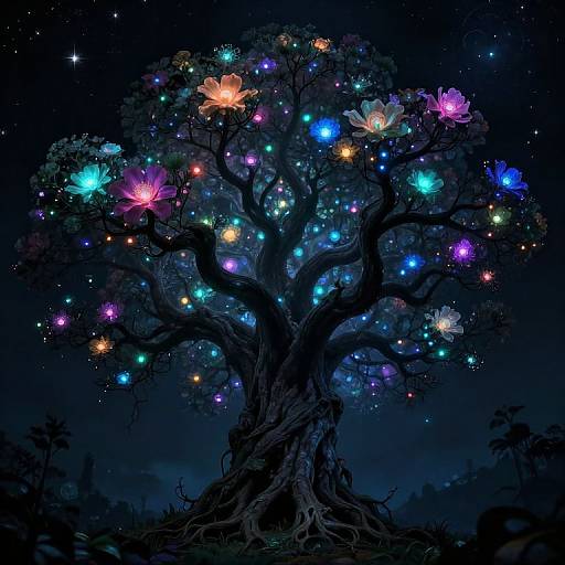 Digital fantasy artwork of a dark, twisted tree illuminated by colorful, glowing fireflies and luminescent flowers against a starry night sky.