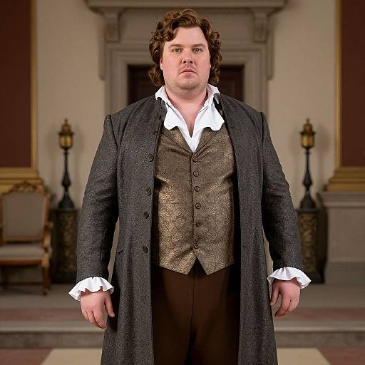 Photograph of a white, curly-haired man in a black overcoat, brown patterned vest, white shirt, and brown pants, standing in a