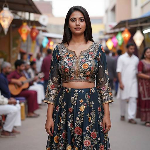 Photograph of a young South Asian woman in a vibrant floral embroidered traditional outfit, standing confidently in a bustling outdoor market.
