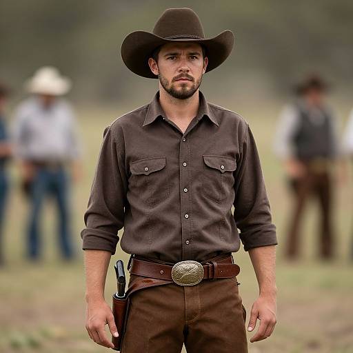 Photograph of a serious, bearded man in a brown cowboy hat, dark shirt, and brown pants, standing in a blurred outdoor field with other