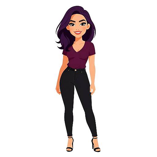 Digital illustration of a confident woman with long dark purple hair, wearing a maroon V-neck top, black high-waisted pants, and black heels