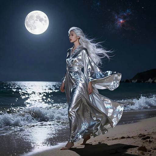 Moonlit Beach Walk with Silver Robes