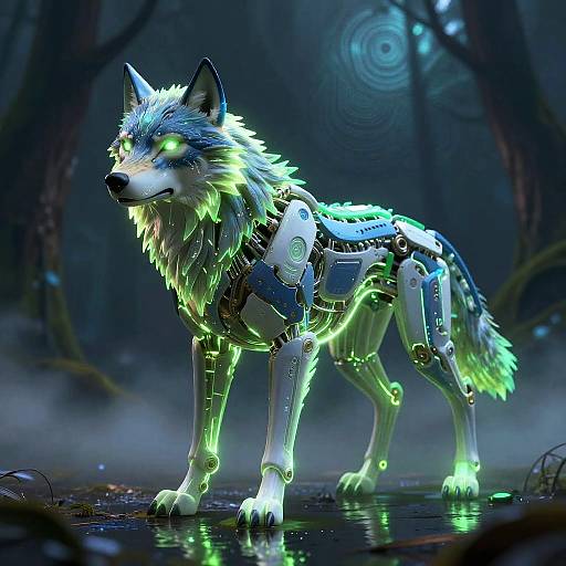 Futuristic 3D Bionic Wolf in Neon Forest