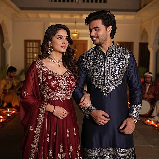 Photograph of an Indian couple in traditional attire; woman in maroon embroidered saree, man in black sherwani with silver embroidery, standing hand