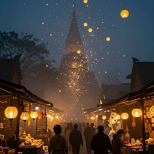 Photograph of a nighttime market with glowing lanterns, silhouetted people, and fireworks leading to a misty, illuminated temple in the background