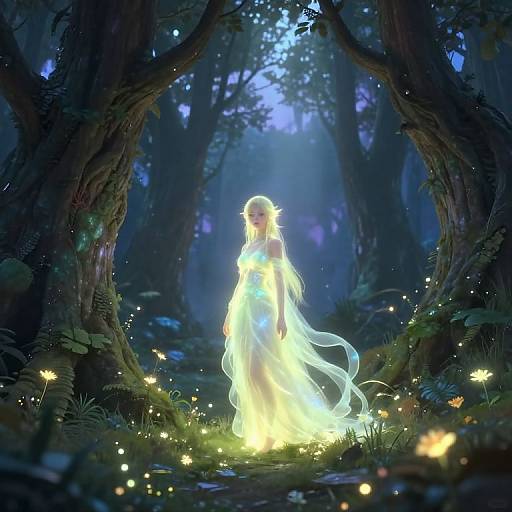 Digital art of a glowing, ethereal woman with flowing white hair standing in a dark, enchanted forest, surrounded by fireflies and luminescent light