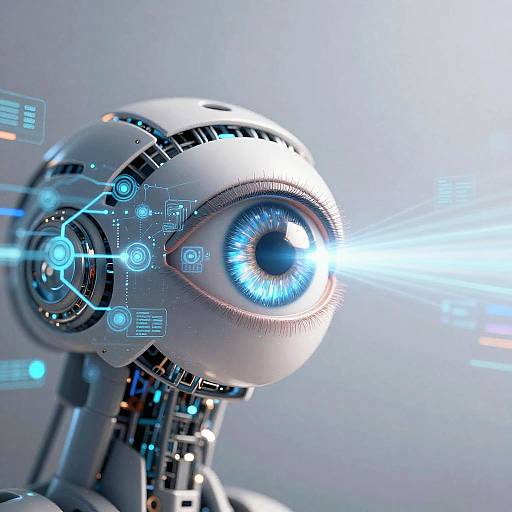 Photorealistic CGI of a futuristic robotic head with a glowing blue eye, intricate circuits, and digital holographic lines emanating from it against a blurred