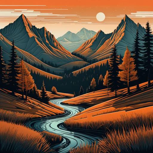 Serene Mountain Range Linocut Art Print