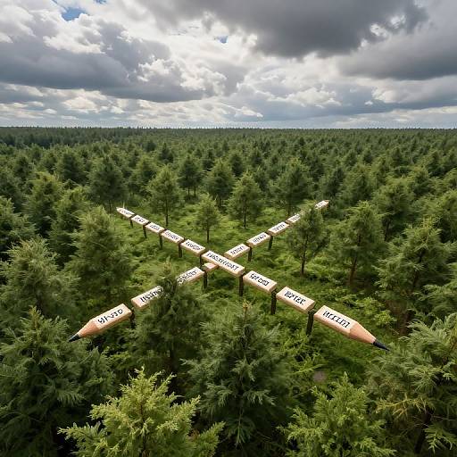 Aerial photograph of a dense forest with six large, white, triangular rockets labeled 