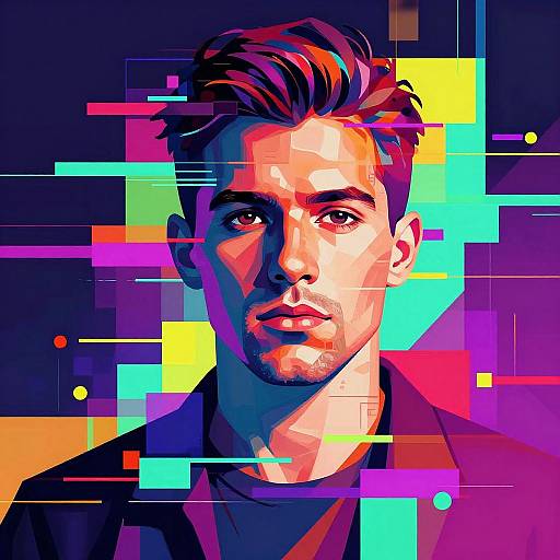 Digital portrait of a handsome, light-skinned man with short, dark hair, intense gaze, and subtle beard. Bright neon colors and abstract geometric patterns