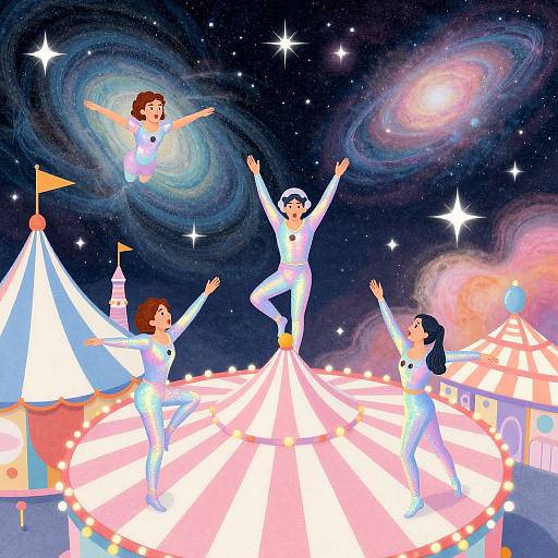 Digital illustration of four female acrobats in white outfits, performing on a circus tent under a starry, colorful galaxy sky.
