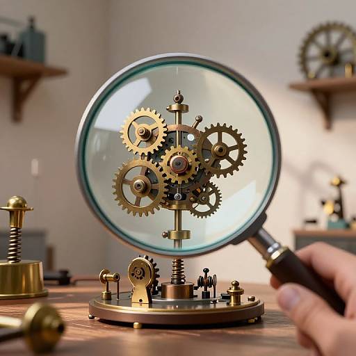 Photograph of a hand holding a magnifying glass over intricate brass gears and cogs on a wooden table, with blurred shelves in the background.