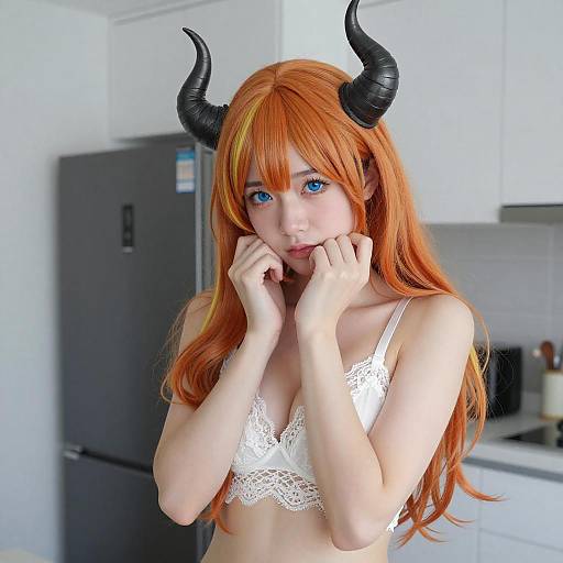 Shy Woman with Vibrant Hair and Horns